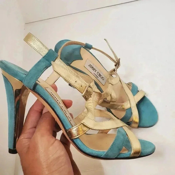 Jimmy Choo Gold and Teal Higheel Sandals Size 36.5 - Picture 1 of 7